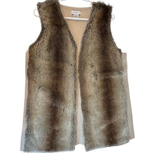 Liz Claiborne Faux Fur Knit Sweater Open Front Vest Tan Size L